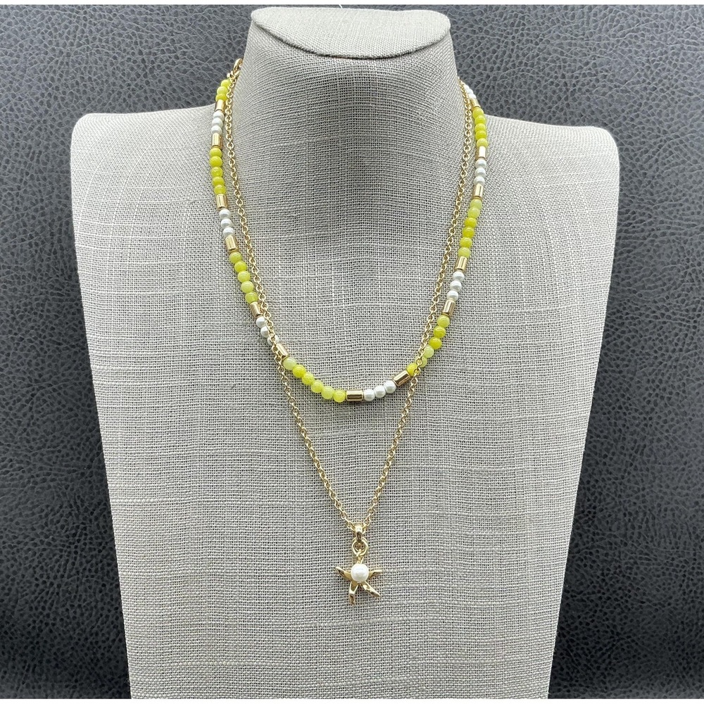 J.Crew Layered Beaded Necklace Gold Tone Starfish Pearl Charm Yellow Summer 20"‎
